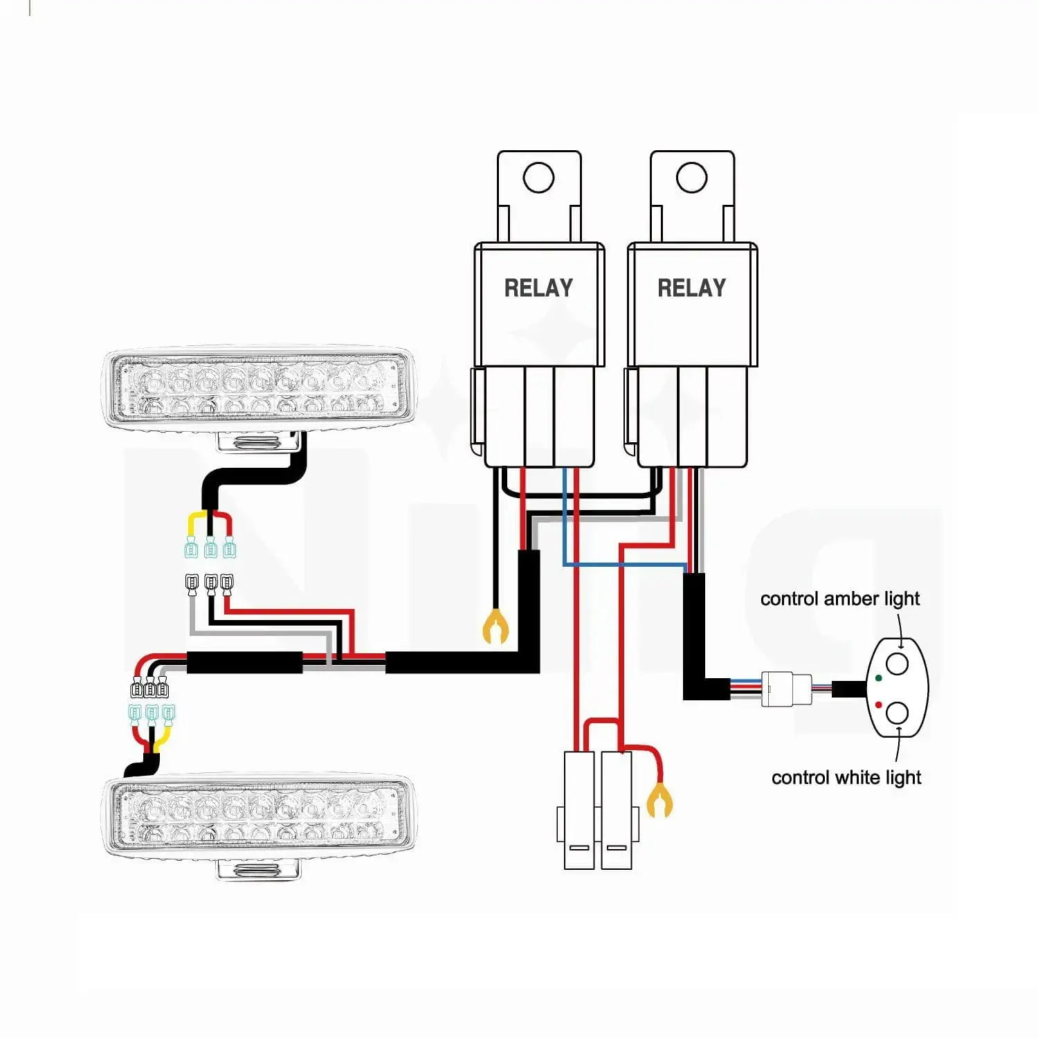 16AWG Amber White Light Bar Wire Harness Kit 2 Leads W/ 12V Push Button Switch | 2 Fuses | 6 Spade Connectors