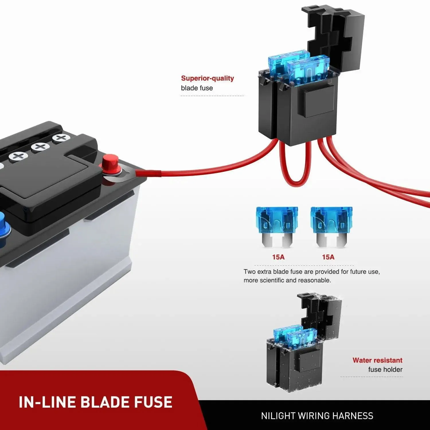 16AWG Amber White Light Bar Wire Harness Kit 2 Leads W/ 12V Push Button Switch | 2 Fuses | 6 Spade Connectors