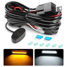 16AWG Amber White Light Bar Wire Harness Kit 2 Leads W/ 12V Push Button Switch | 2 Fuses | 6 Spade Connectors