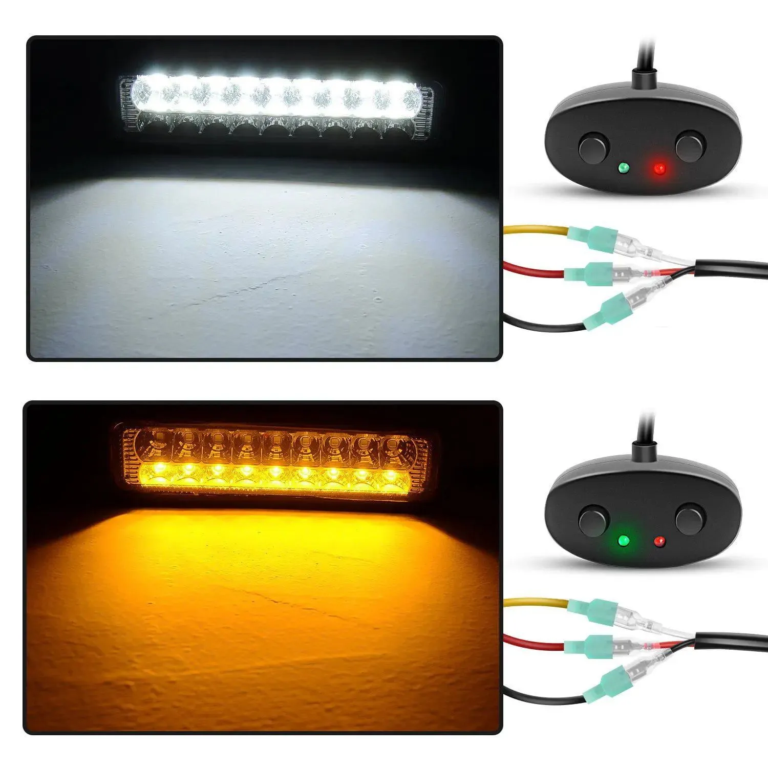 16AWG Amber White Light Bar Wire Harness Kit 2 Leads W/ 12V Push Button Switch | 2 Fuses | 6 Spade Connectors