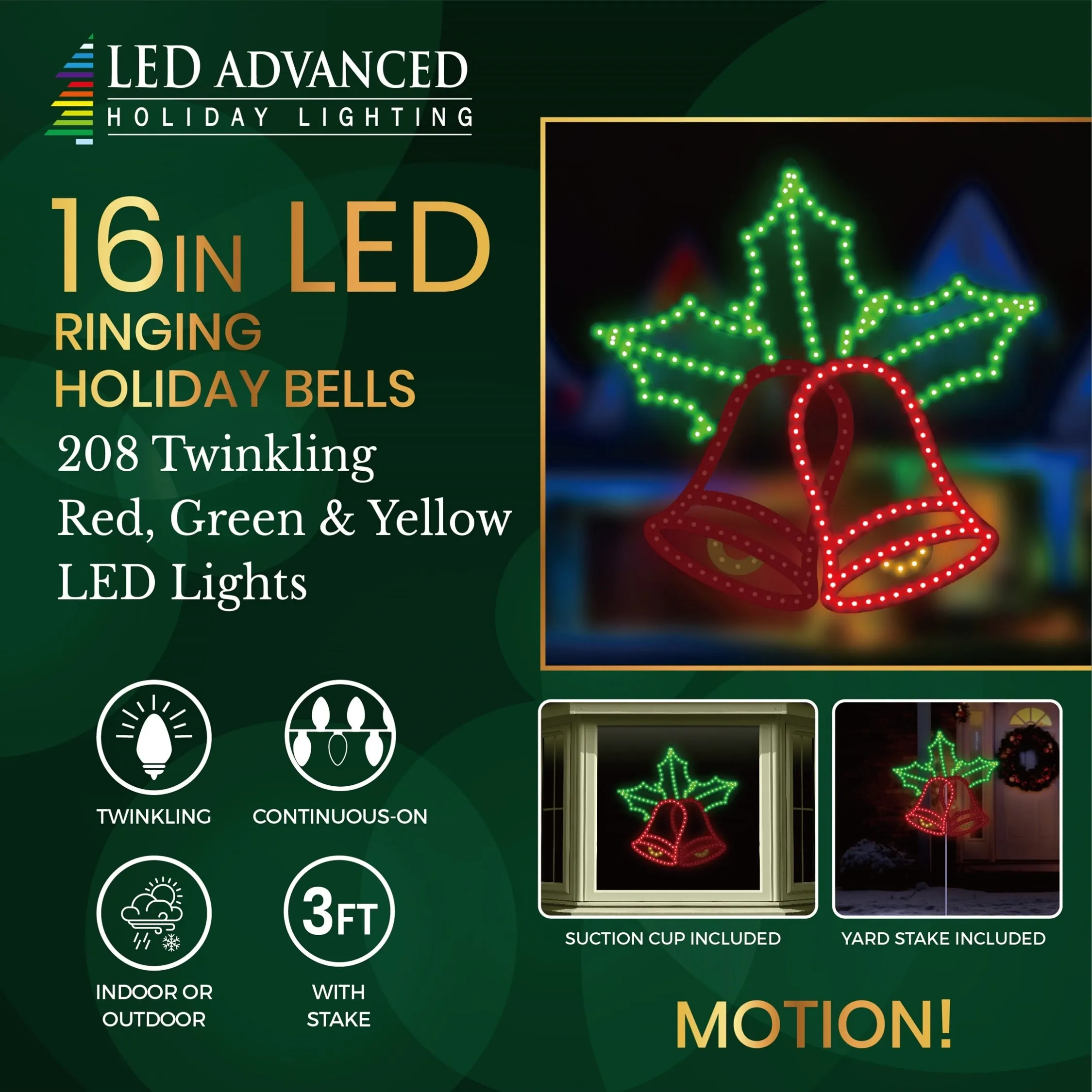 16" Hi-Vibrant LED Ringing Holiday Bell Christmas Decoration
