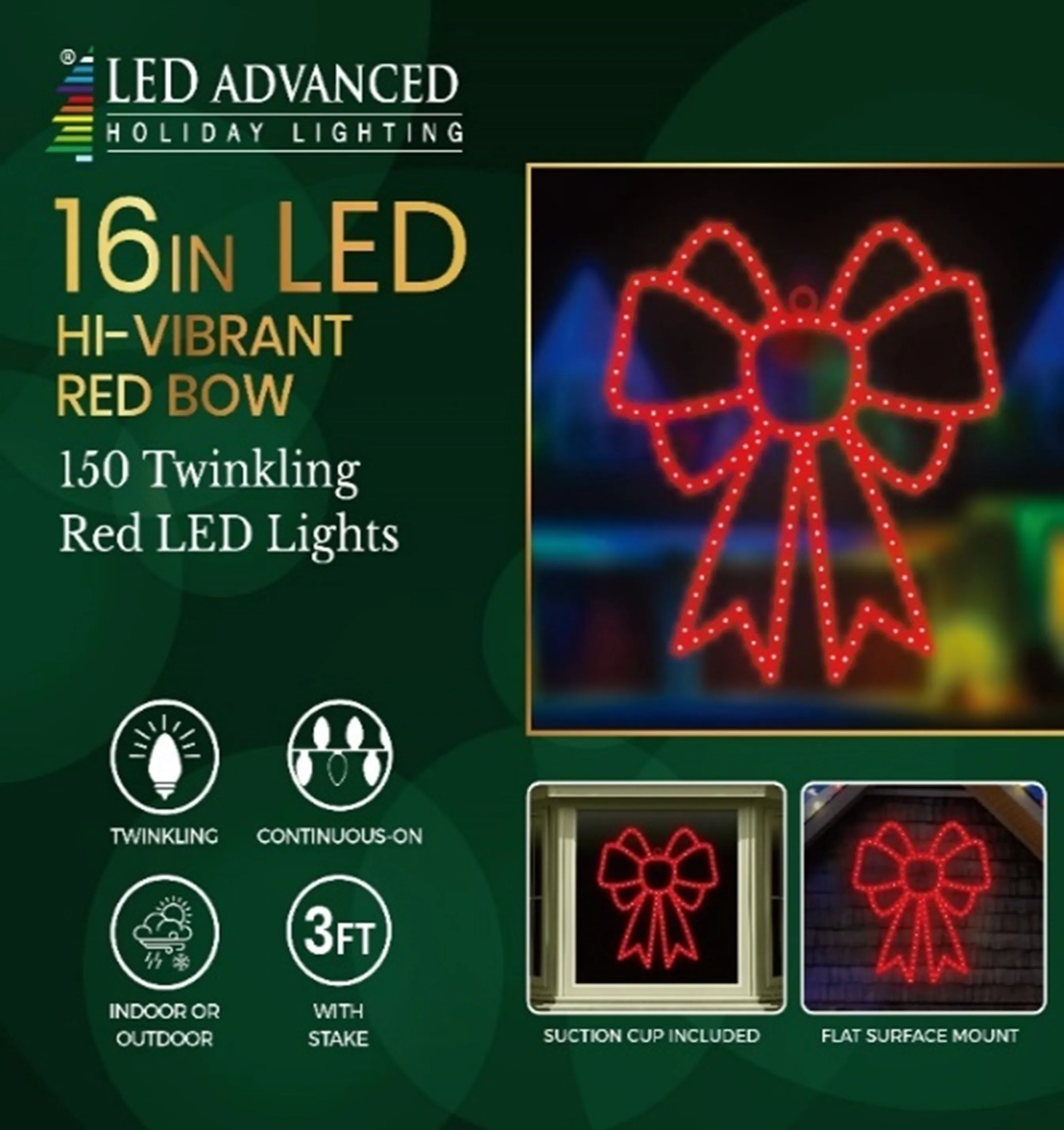 16" Hi-Vibrant Twinkling LED Christmas Bow Decoration