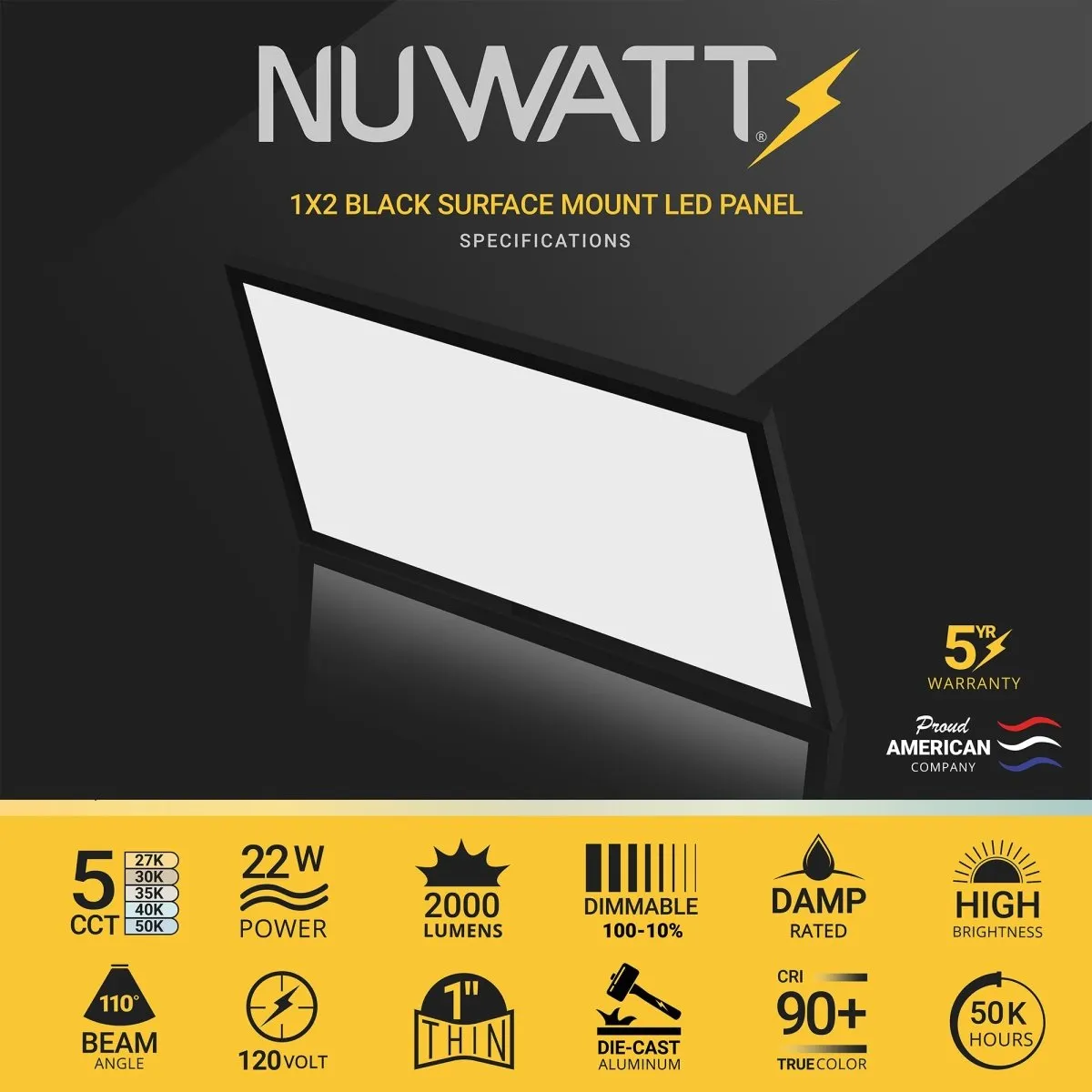 1x2 LED Flat Panel Light Surface Mount - Triac Dimmable - 5CCT 2700K-5000K - 2000LM - Black Trim
