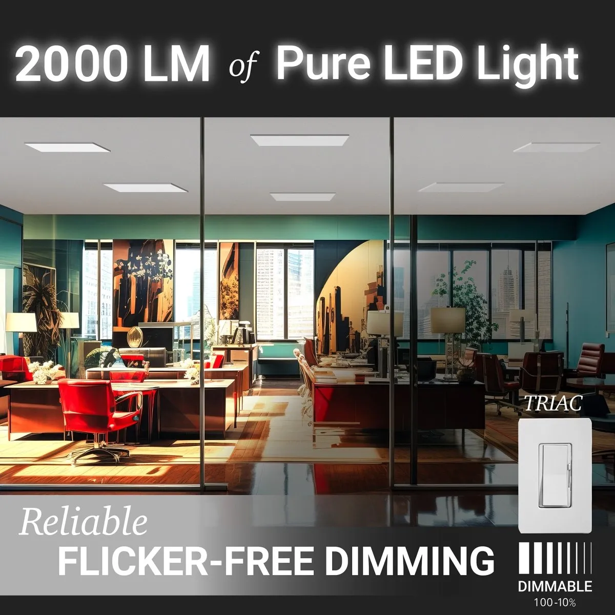 1x2 LED Flat Panel Light Surface Mount - Triac Dimmable - 5CCT 2700K-5000K - 2000LM - Black Trim