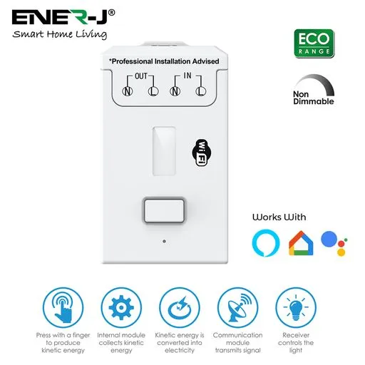2 Gang Wireless Kinetic Switch, White Non Dimmable   Wi-Fi 5A RF Receiver