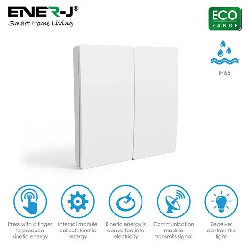 2 Gang Wireless Kinetic Switch, White Non Dimmable   Wi-Fi 5A RF Receiver