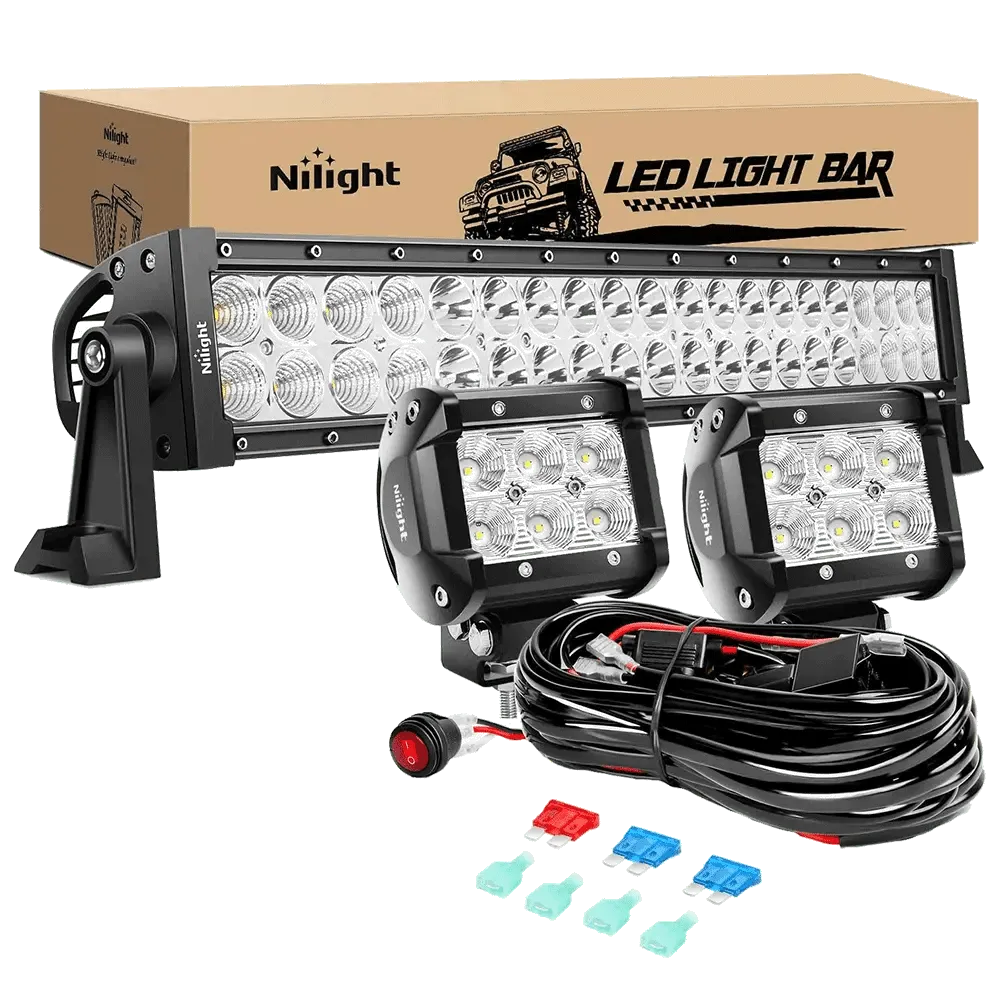 22 Inch 120W Double Row Spot Flood LED Light Bar | 2Pcs 4 Inch 18W Flood LED Pods | 16AWG Wire 3Pin Switch