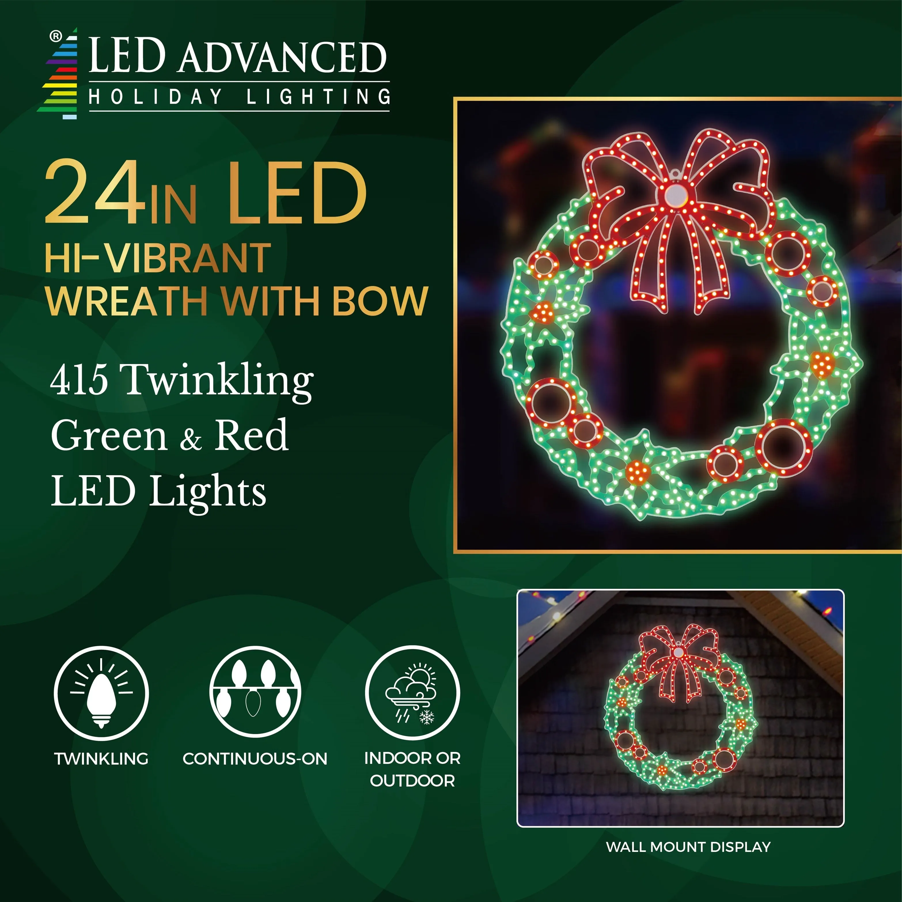 24" Hi-Vibrant LED Christmas Wreath Decoration