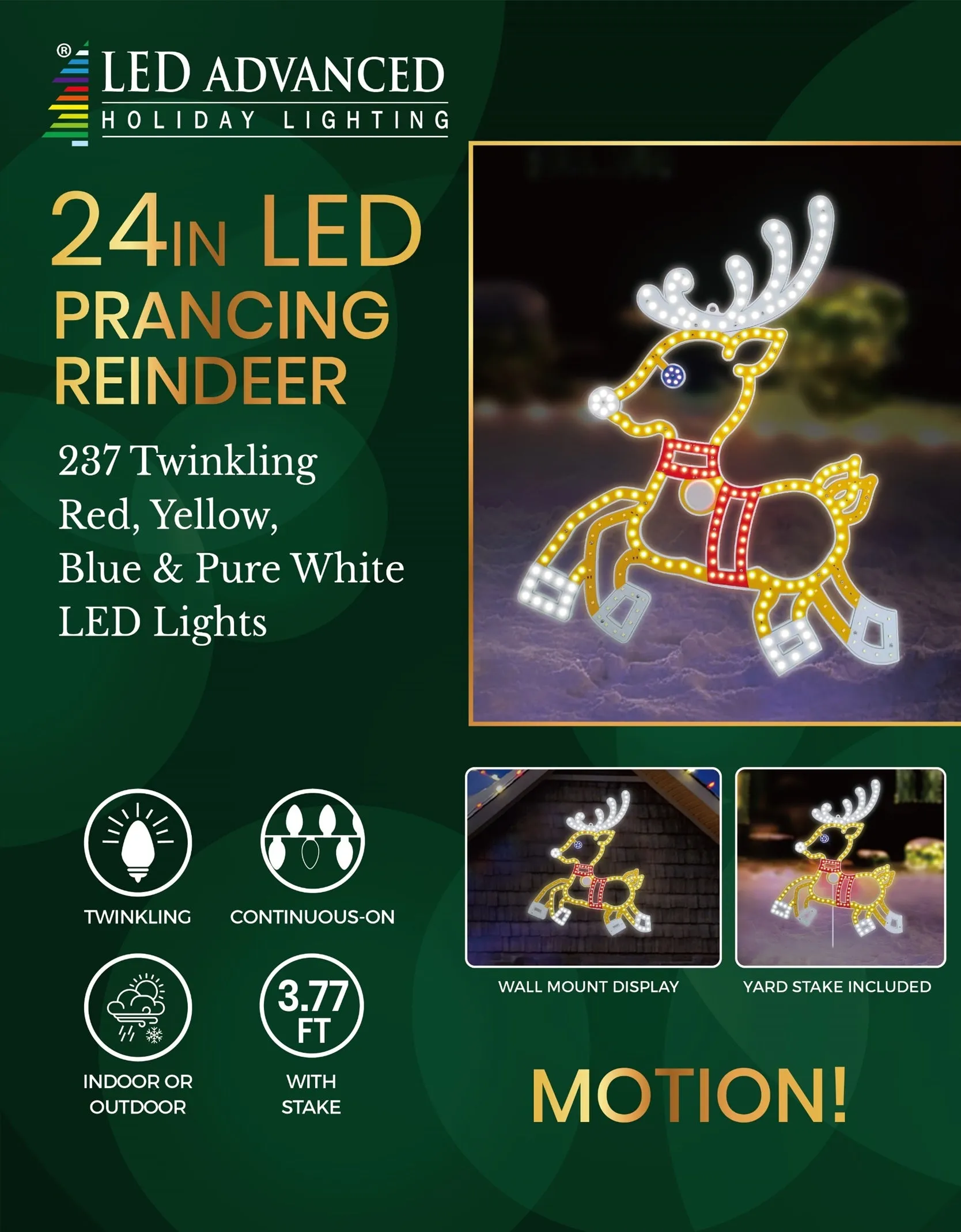 24" Hi-Vibrant LED Prancing Reindeer Christmas Decoration