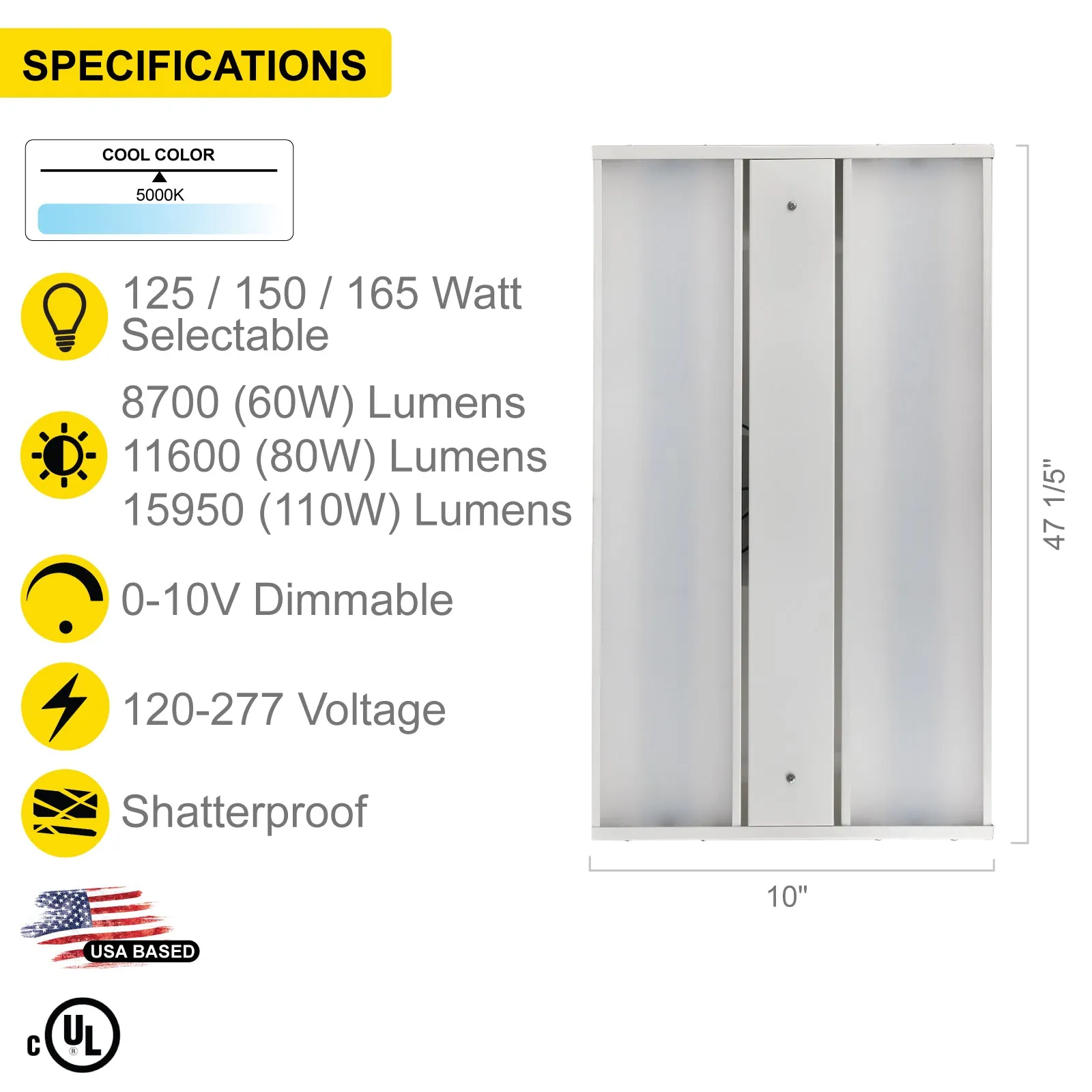 2FT Linear High Bay LED Lights - 5000K Daylight - 100-277V - Dimmable 0-10V - 165W