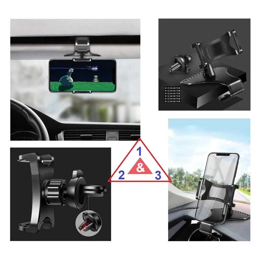 3 in 1 Car GPS Smartphone Holder: Dashboard / Visor Clamp   AC Grid Clip for BLU Studio M HD, S110L - Black