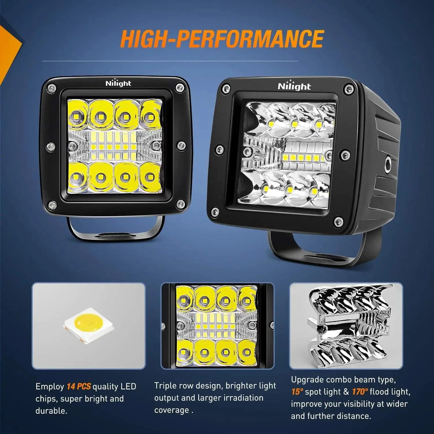 3 Inch 42W Upgraded Triple Row Spot Flood Square LED Pods (Pair)