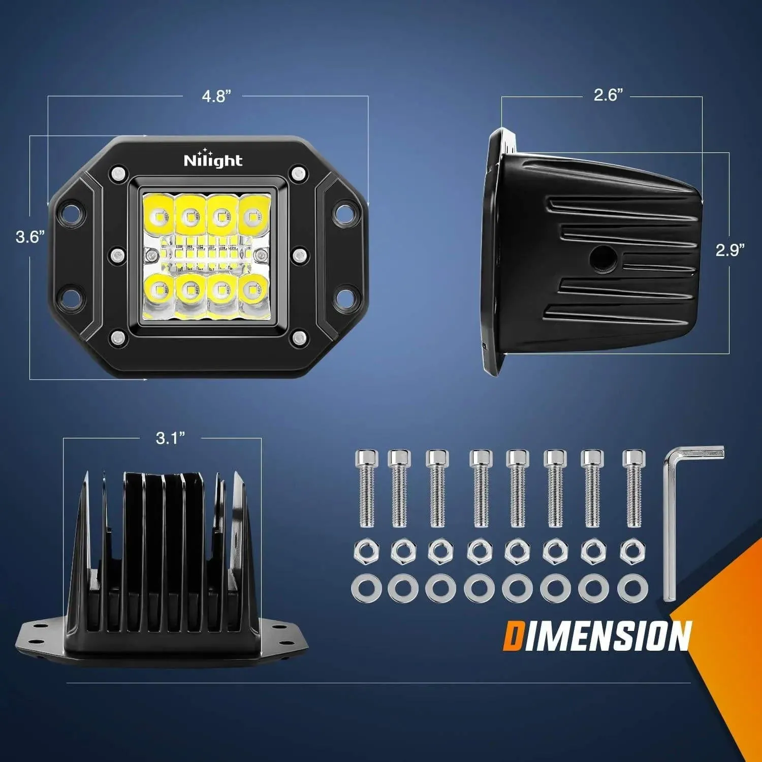 4.8 Inch 42W 7800LM Flush Mount Spot Flood LED Work Lights (Pair) | 16AWG Wire 3Pin Switch