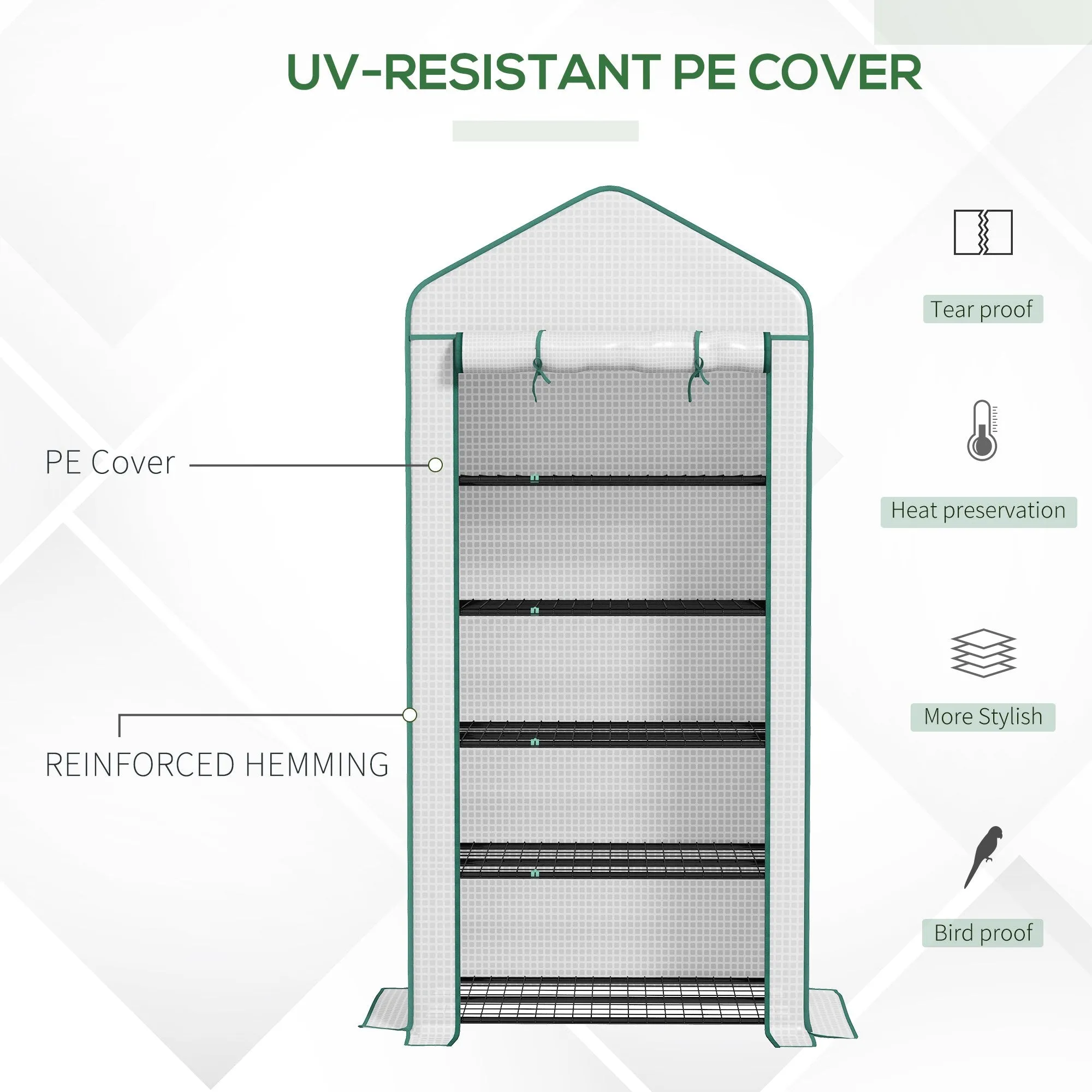 5 Tier Widened Mini Greenhouse w/ Reinforced PE Cover, Portable Green House w/ Roll-up Door & Wire Shelves, 193H x 90W x 49Dcm, White