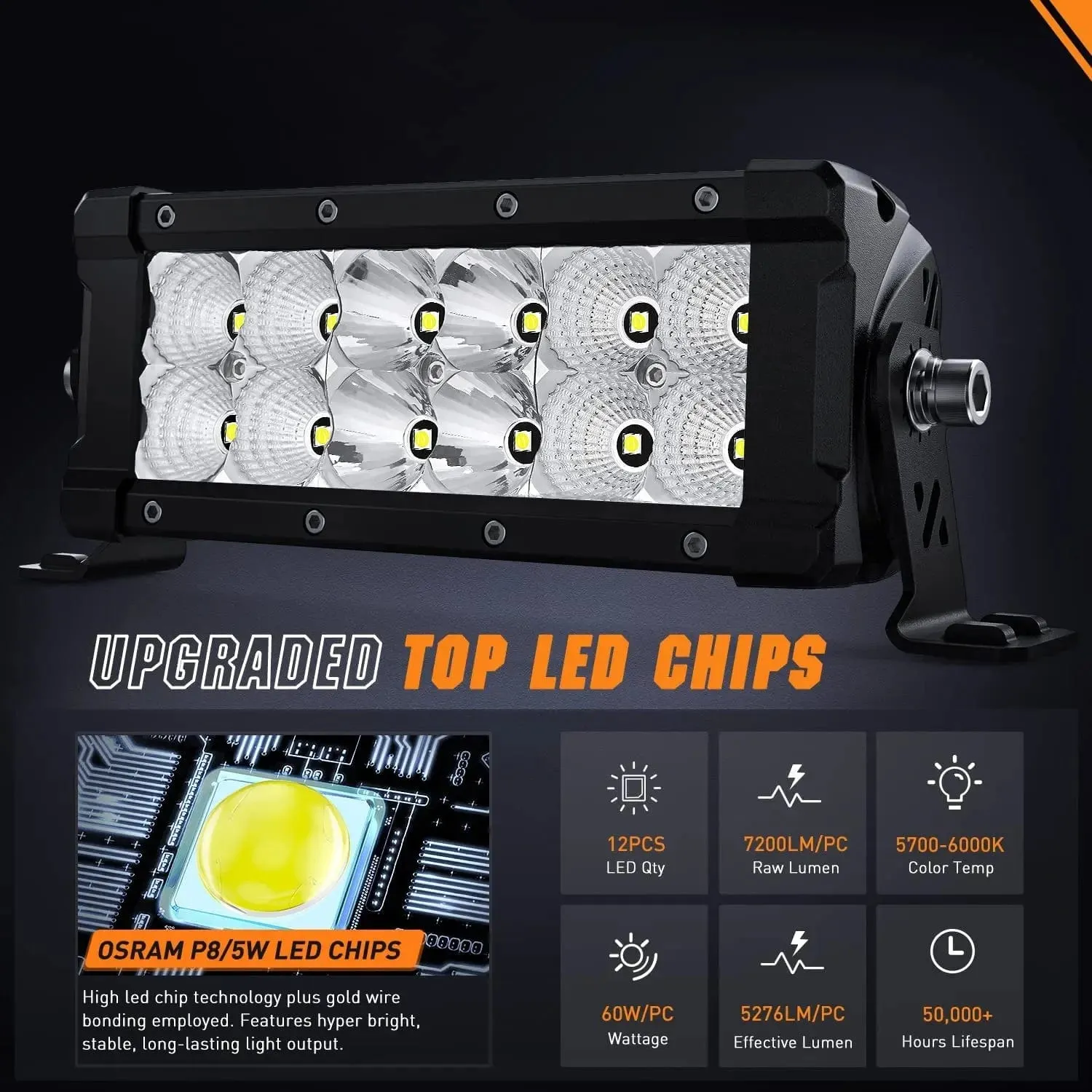 7.6 Inch 60W 7200LM Double Row Spot Flood Osram P8-5W Chips LED Light Bars (Pair)