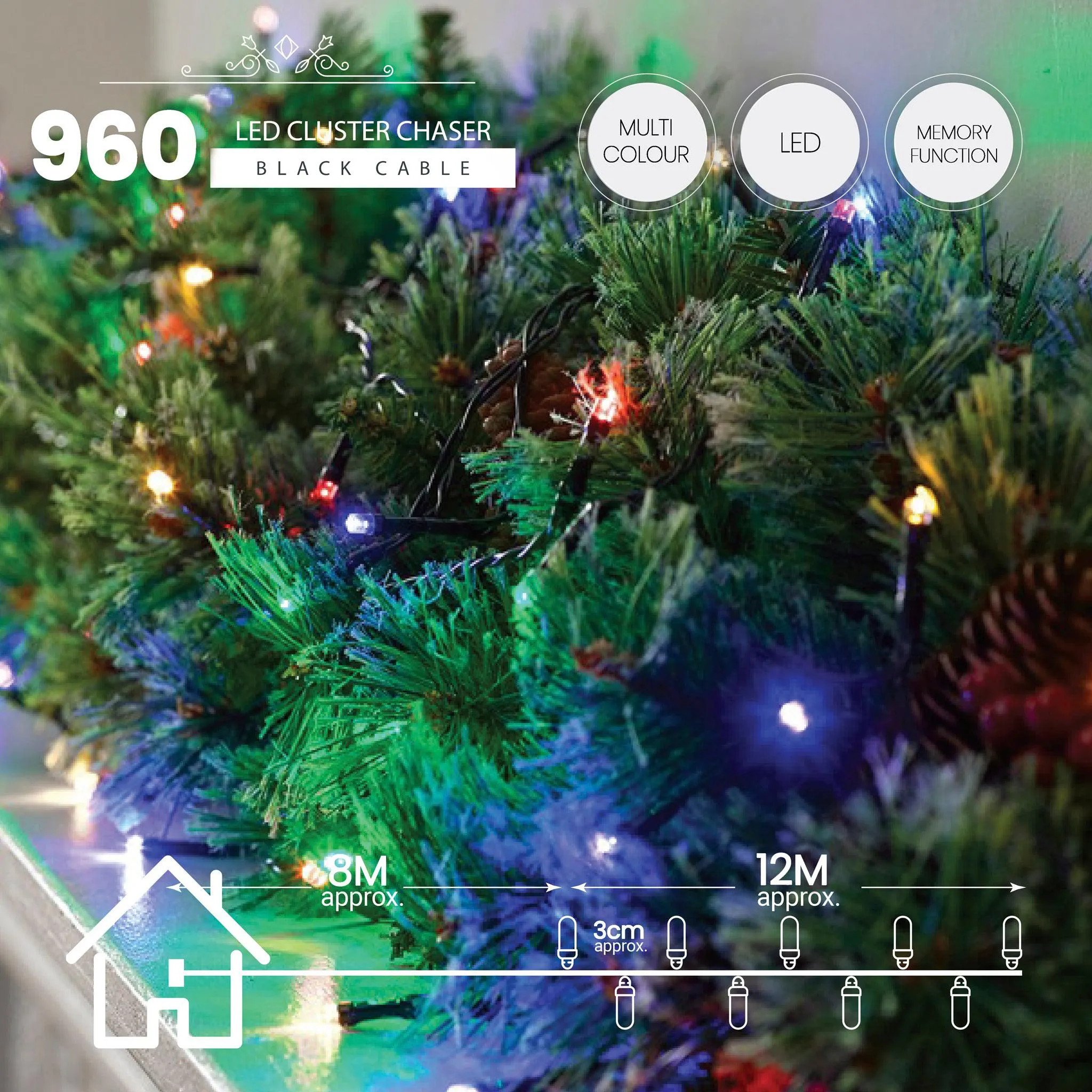 960 LED Cluster Lights - Multi Colour - 12M