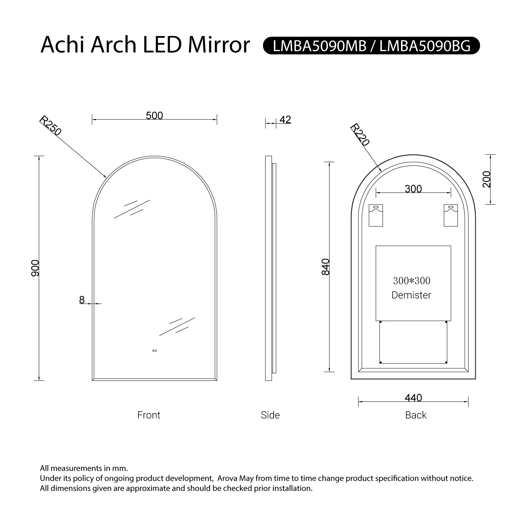 Achi Gold Frame Arch Led Bathroom Mirror Anti-Fog Dimmable