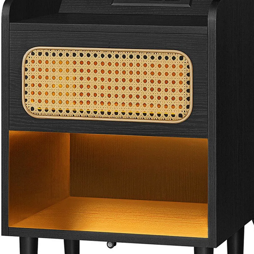 Ada 24 Inch Nightstand, Woven Drawer and Light, 1 Open Shelf, Black By Casagear Home