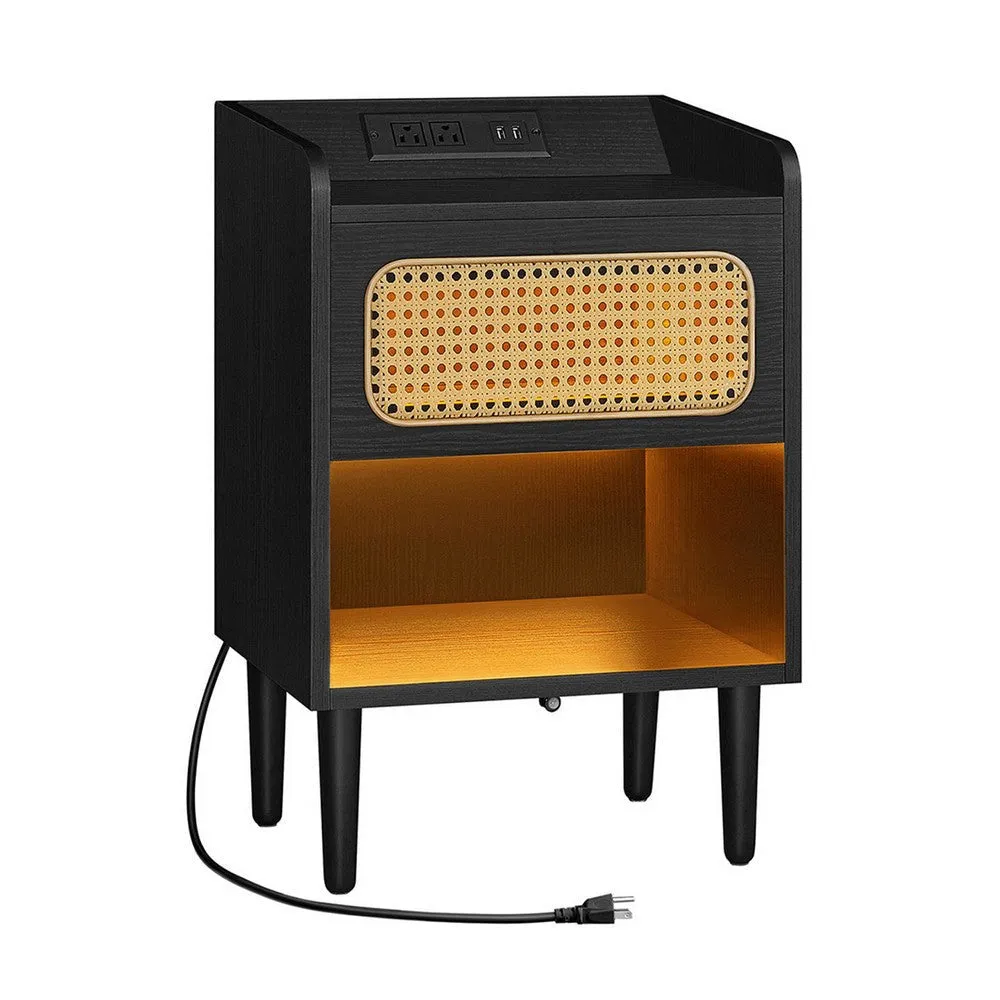 Ada 24 Inch Nightstand, Woven Drawer and Light, 1 Open Shelf, Black By Casagear Home