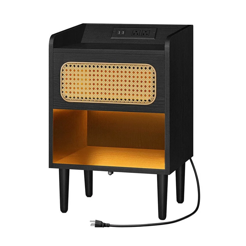 Ada 24 Inch Nightstand, Woven Drawer and Light, 1 Open Shelf, Black By Casagear Home