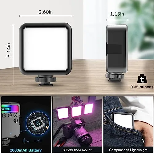 Altson Magnetic RGB Led Video Light LED Camera Light 360° Full Color Portable Photography Lighting Whit 3 Cold Shoe，，2000mAh Rechargeable CRI 96 /2500-9900K/13 Scene (Black)
