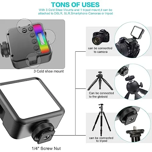 Altson Magnetic RGB Led Video Light LED Camera Light 360° Full Color Portable Photography Lighting Whit 3 Cold Shoe，，2000mAh Rechargeable CRI 96 /2500-9900K/13 Scene (Black)