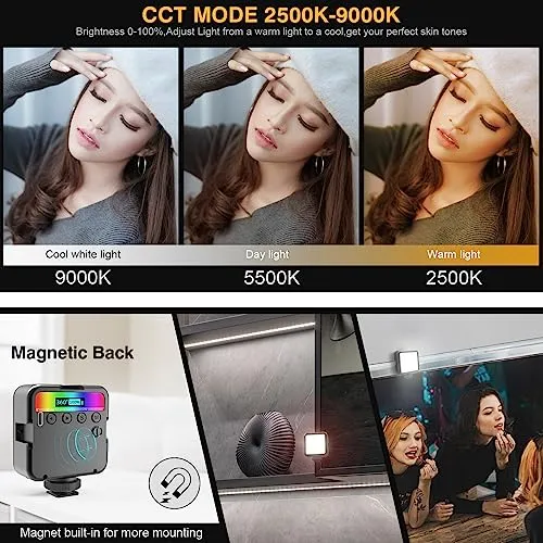 Altson Magnetic RGB Led Video Light LED Camera Light 360° Full Color Portable Photography Lighting Whit 3 Cold Shoe，，2000mAh Rechargeable CRI 96 /2500-9900K/13 Scene (Black)