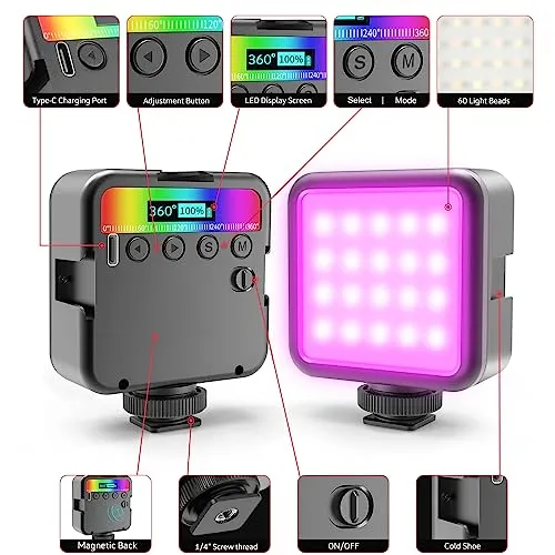 Altson Magnetic RGB Led Video Light LED Camera Light 360° Full Color Portable Photography Lighting Whit 3 Cold Shoe，，2000mAh Rechargeable CRI 96 /2500-9900K/13 Scene (Black)
