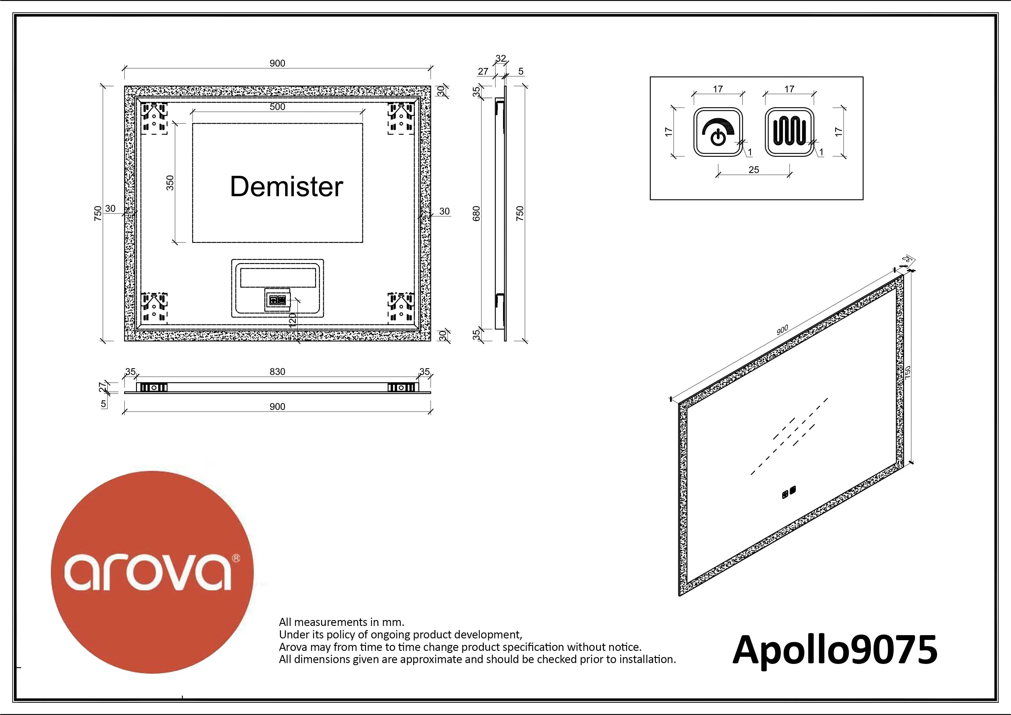 Apollo Rectangle Anti-Fog Backlit LED Bathroom Mirror 900mm x 750mm
