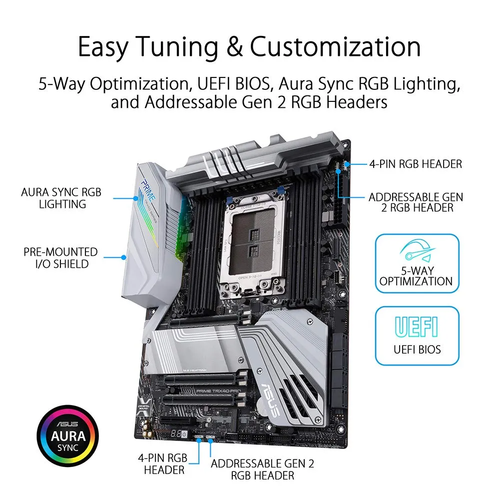 ASUS Prime TRX40-Pro AMD 3rd Gen Ryzen Threadripper sTRX4 ATX Motherboard with DDR4, M.2, USB 3.2 Gen2, Type-C Front Panel Connector and Aura Sync RGB Lighting