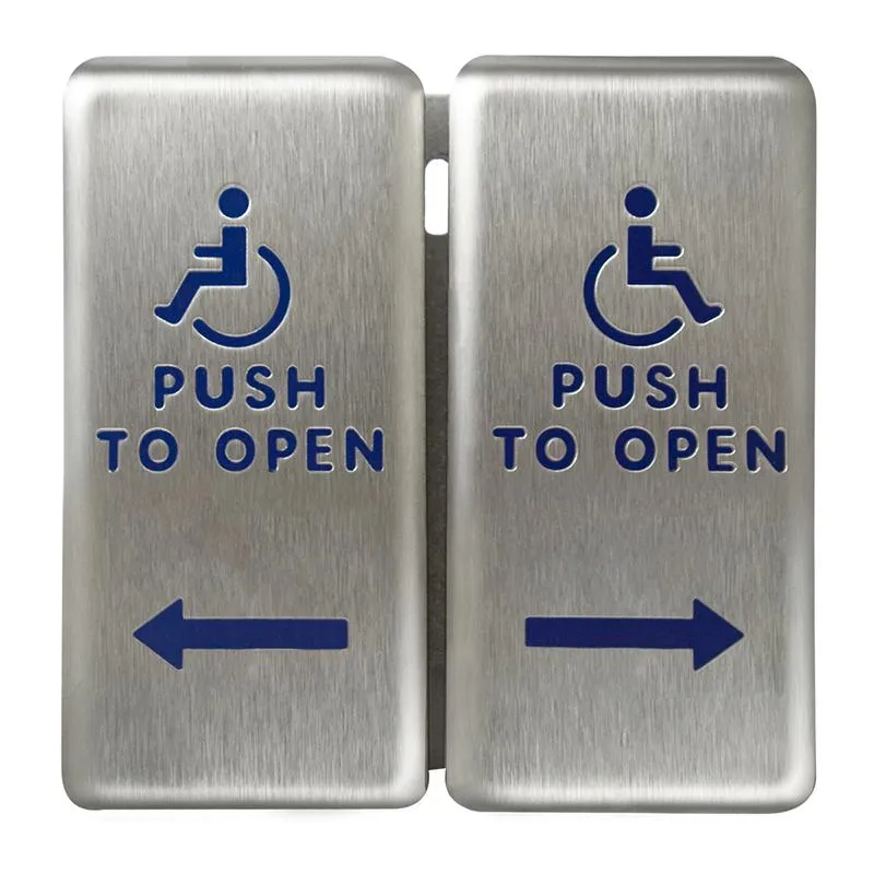 BEA 10PBDGP1 Stainless steel push plate, 4 In. by 4 In. dual plate, blue text, logo and arrow, for vestibule, includes adapter ring