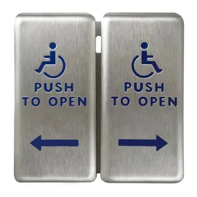 BEA 10PBDGP1 Stainless steel push plate, 4 In. by 4 In. dual plate, blue text, logo and arrow, for vestibule, includes adapter ring