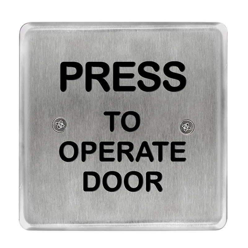 BEA 10PBS45POD Stainless steel push plate, 4.5 In. square, black "Press to Operate Door" text only