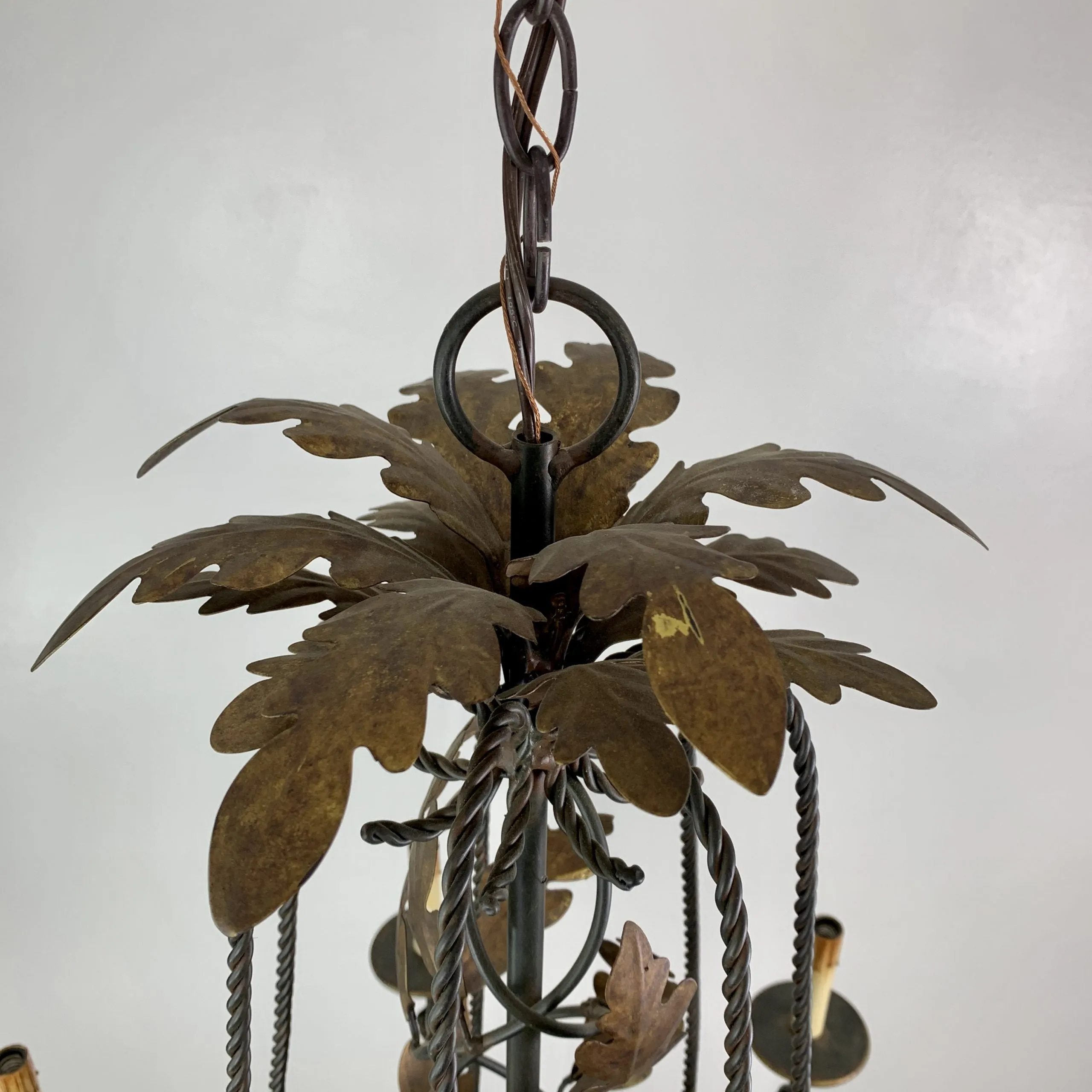 Currey & Co. Rustic Iron Chandelier, Hanging Light, Bronze Oak Leaves