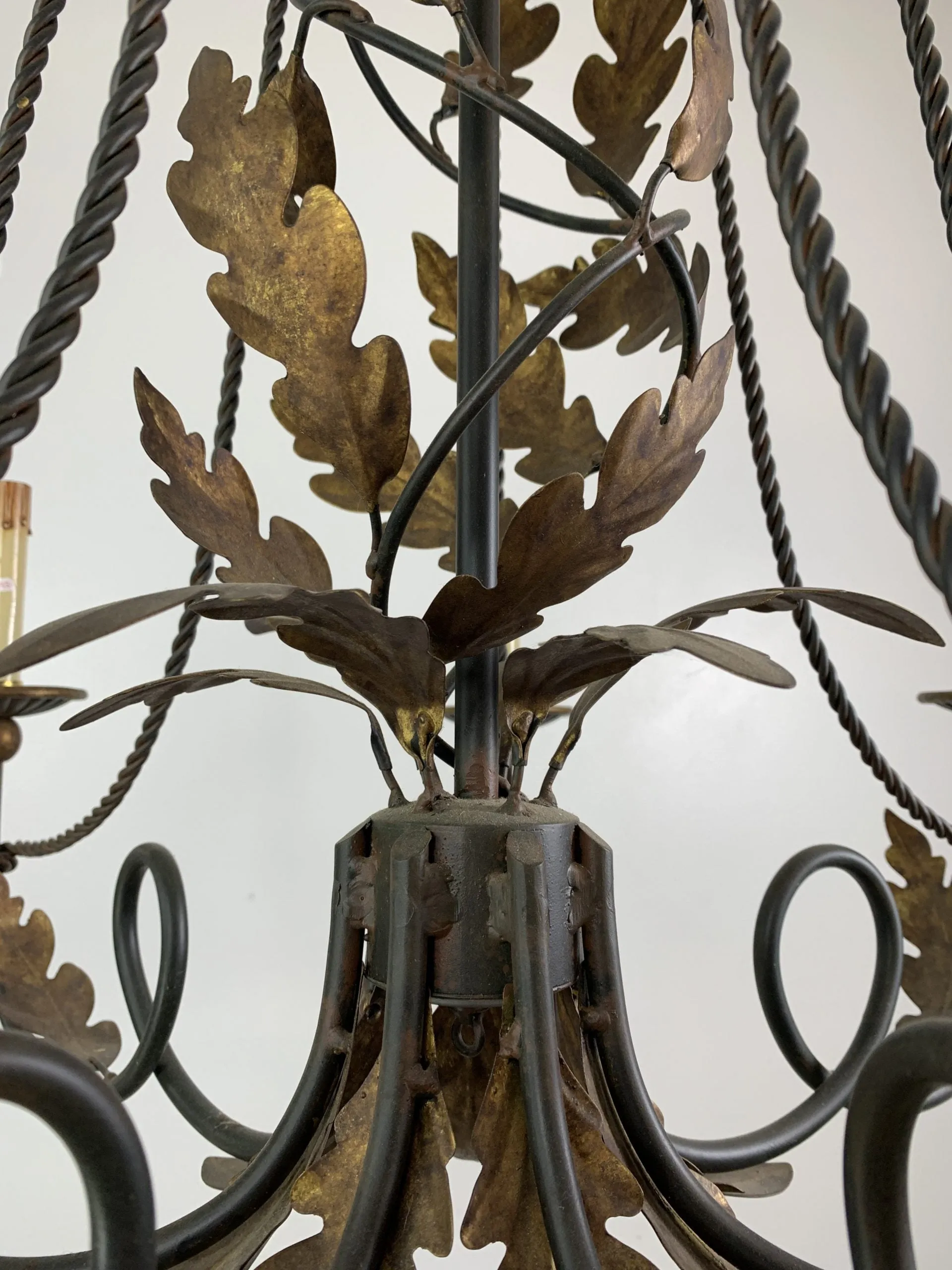 Currey & Co. Rustic Iron Chandelier, Hanging Light, Bronze Oak Leaves
