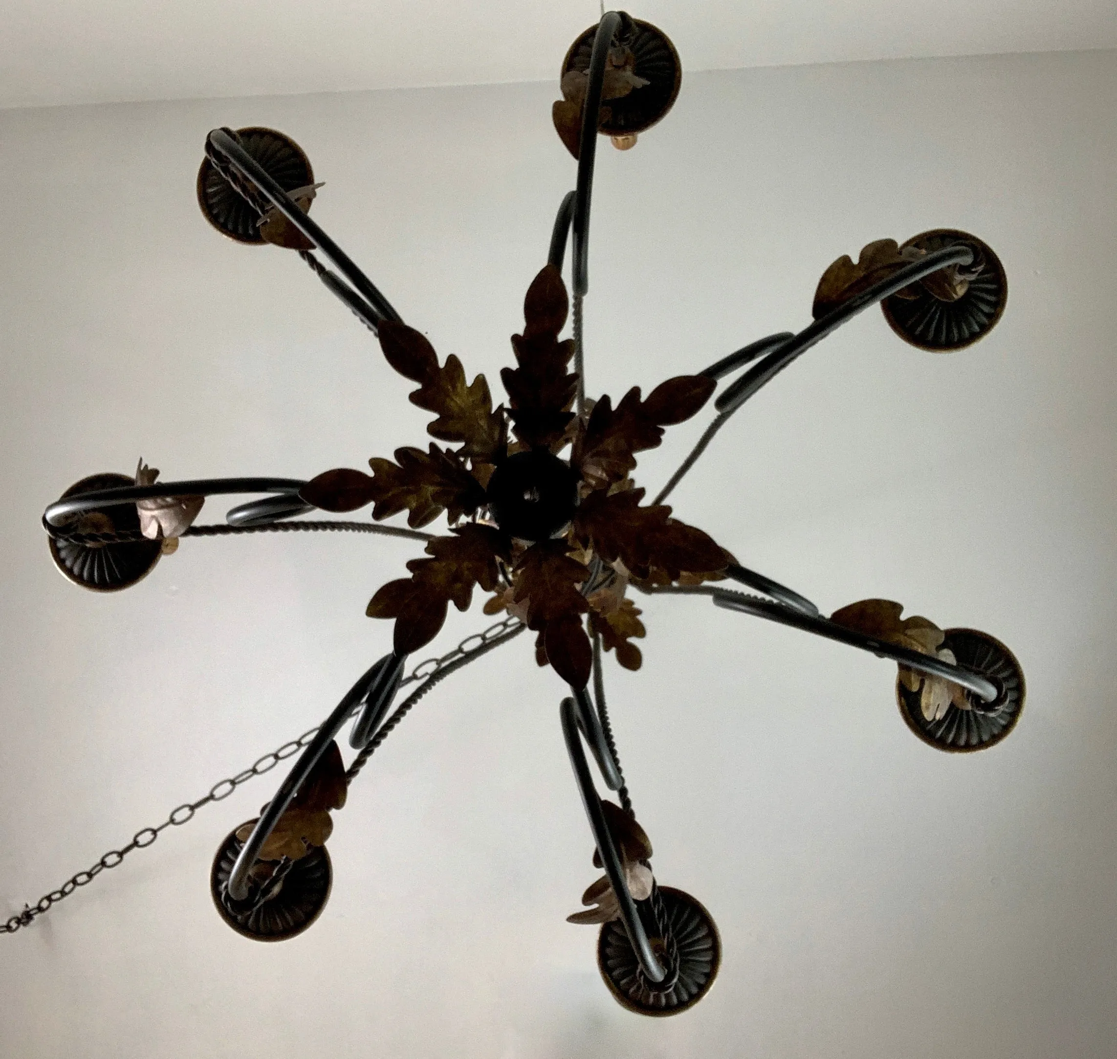 Currey & Co. Rustic Iron Chandelier, Hanging Light, Bronze Oak Leaves