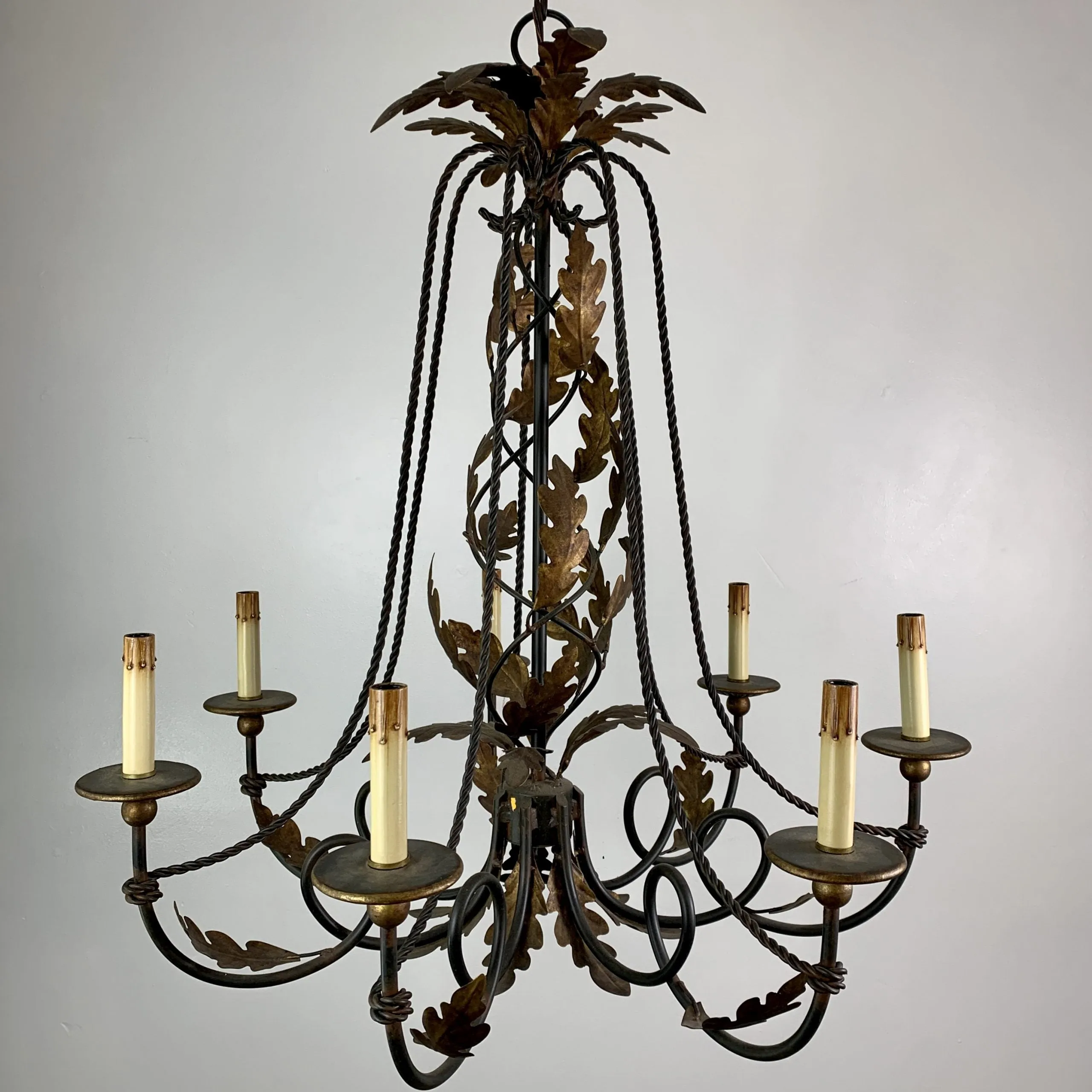 Currey & Co. Rustic Iron Chandelier, Hanging Light, Bronze Oak Leaves