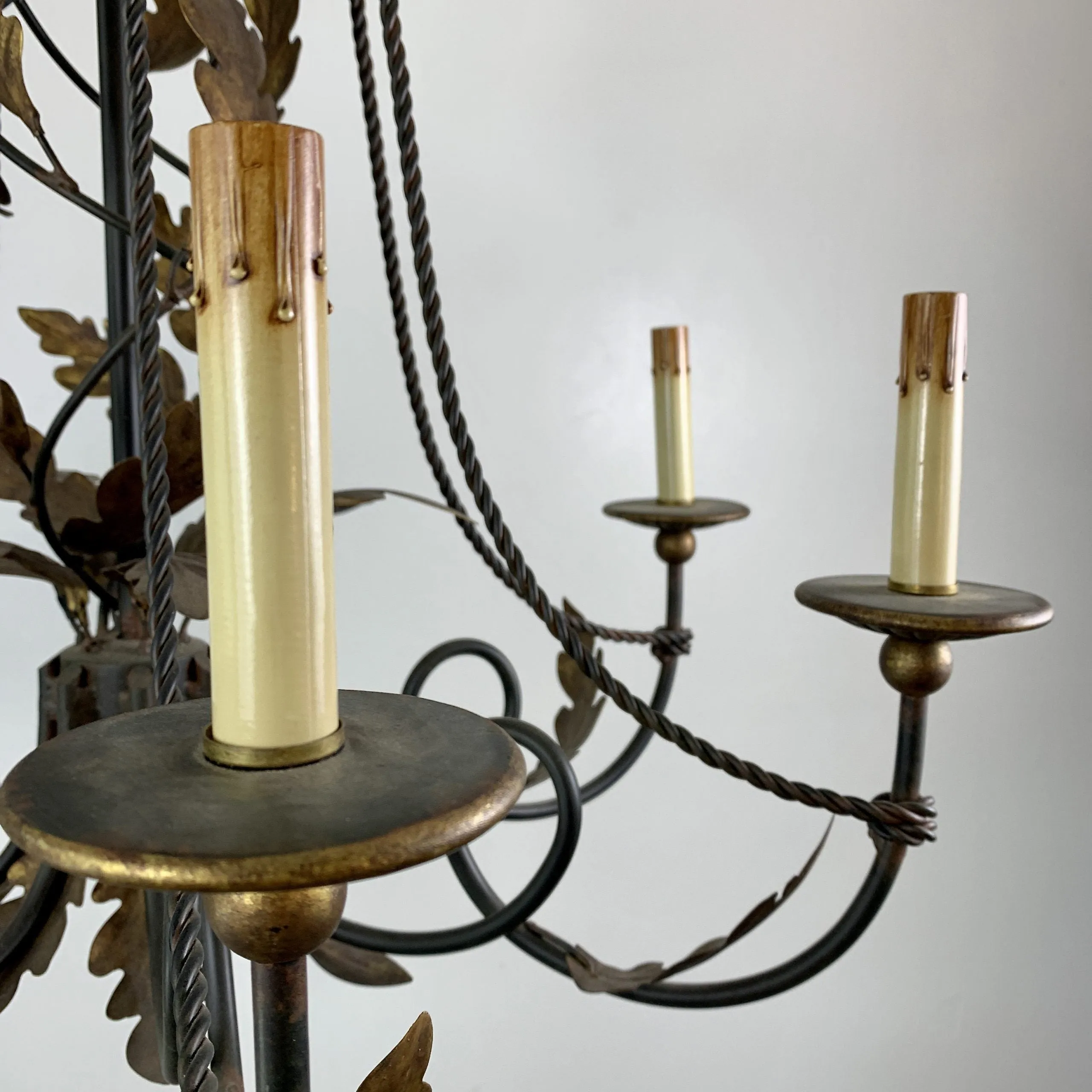 Currey & Co. Rustic Iron Chandelier, Hanging Light, Bronze Oak Leaves