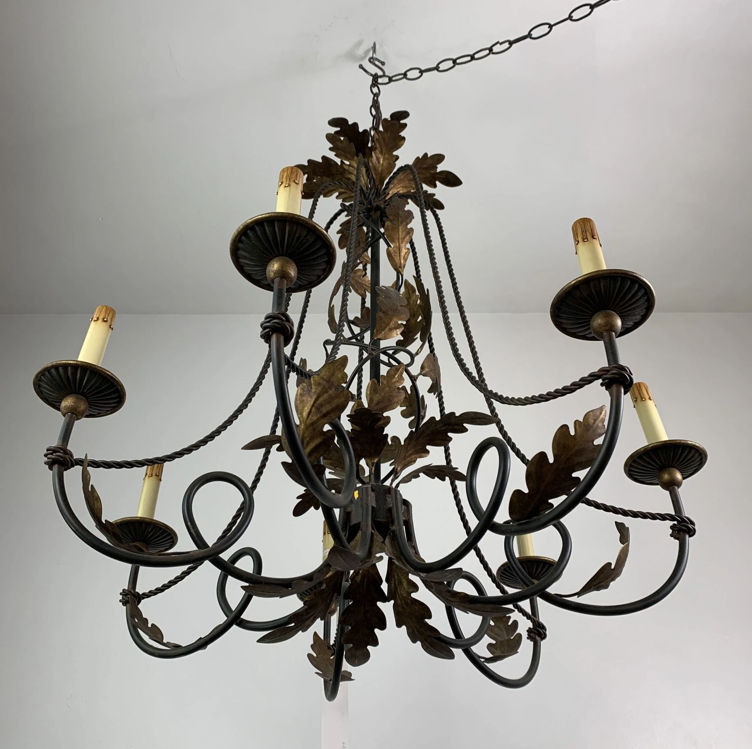 Currey & Co. Rustic Iron Chandelier, Hanging Light, Bronze Oak Leaves