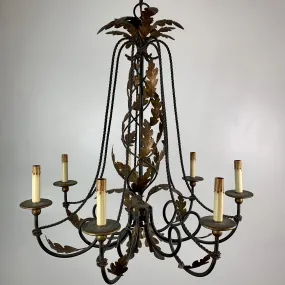 Currey & Co. Rustic Iron Chandelier, Hanging Light, Bronze Oak Leaves