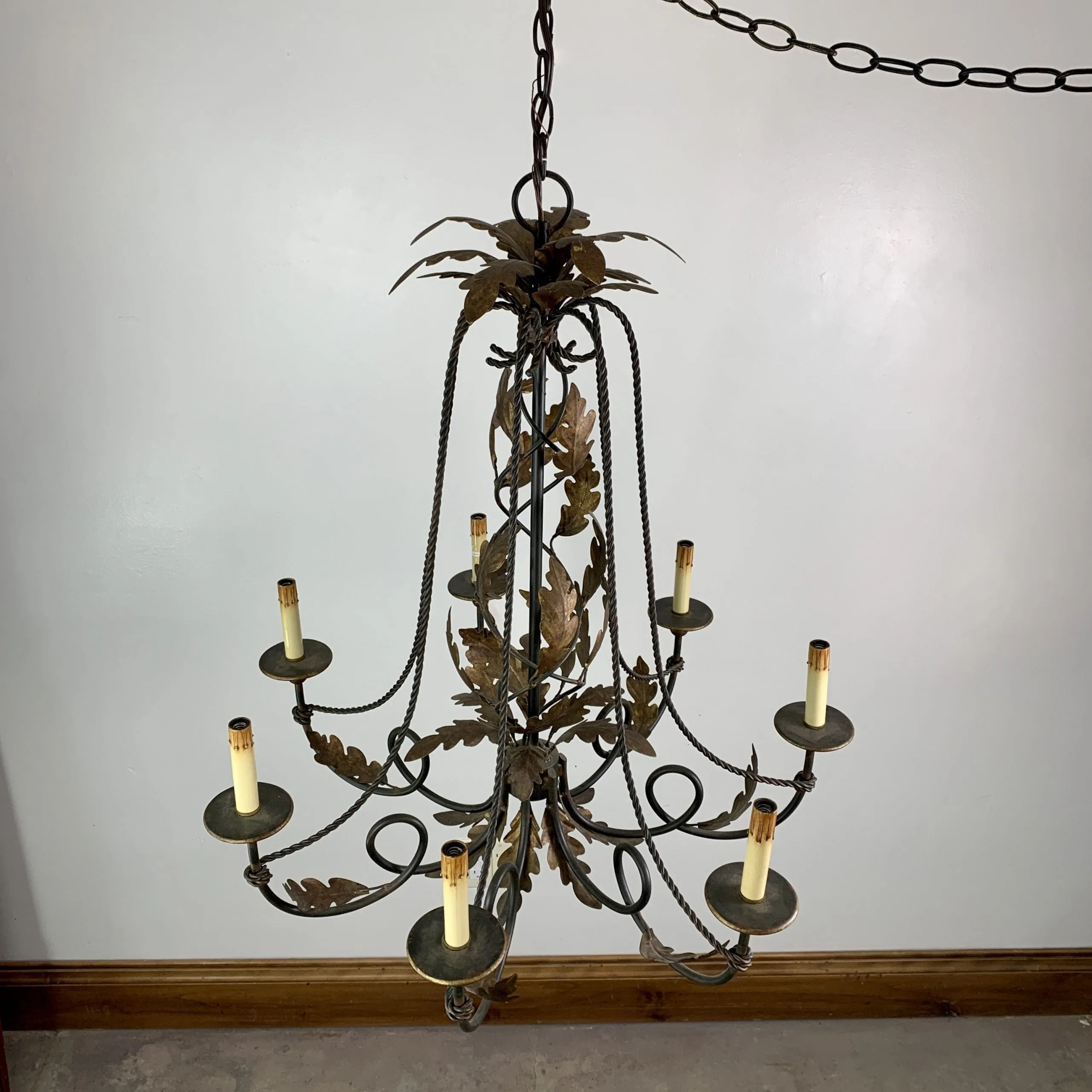 Currey & Co. Rustic Iron Chandelier, Hanging Light, Bronze Oak Leaves