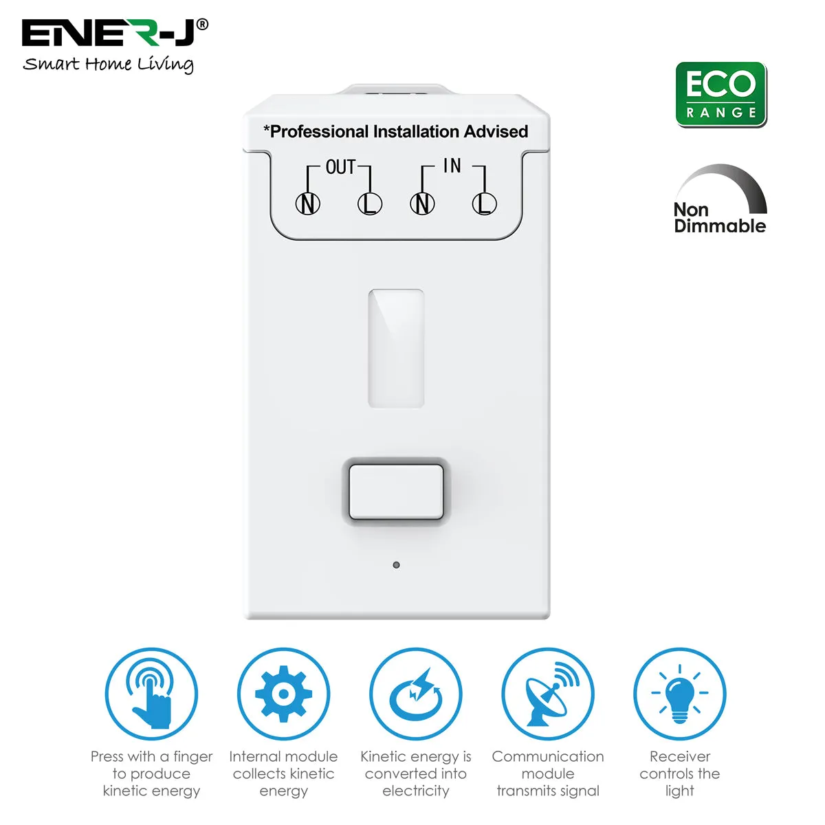 ENER-J 1 Gang Wireless Kinetic Switch, Black   500W RF Receiver