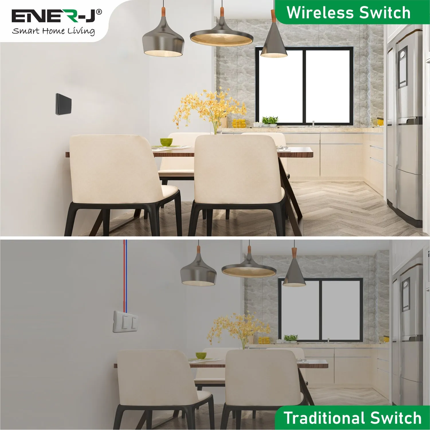 ENER-J 1 Gang Wireless Kinetic Switch, Black   500W RF Receiver
