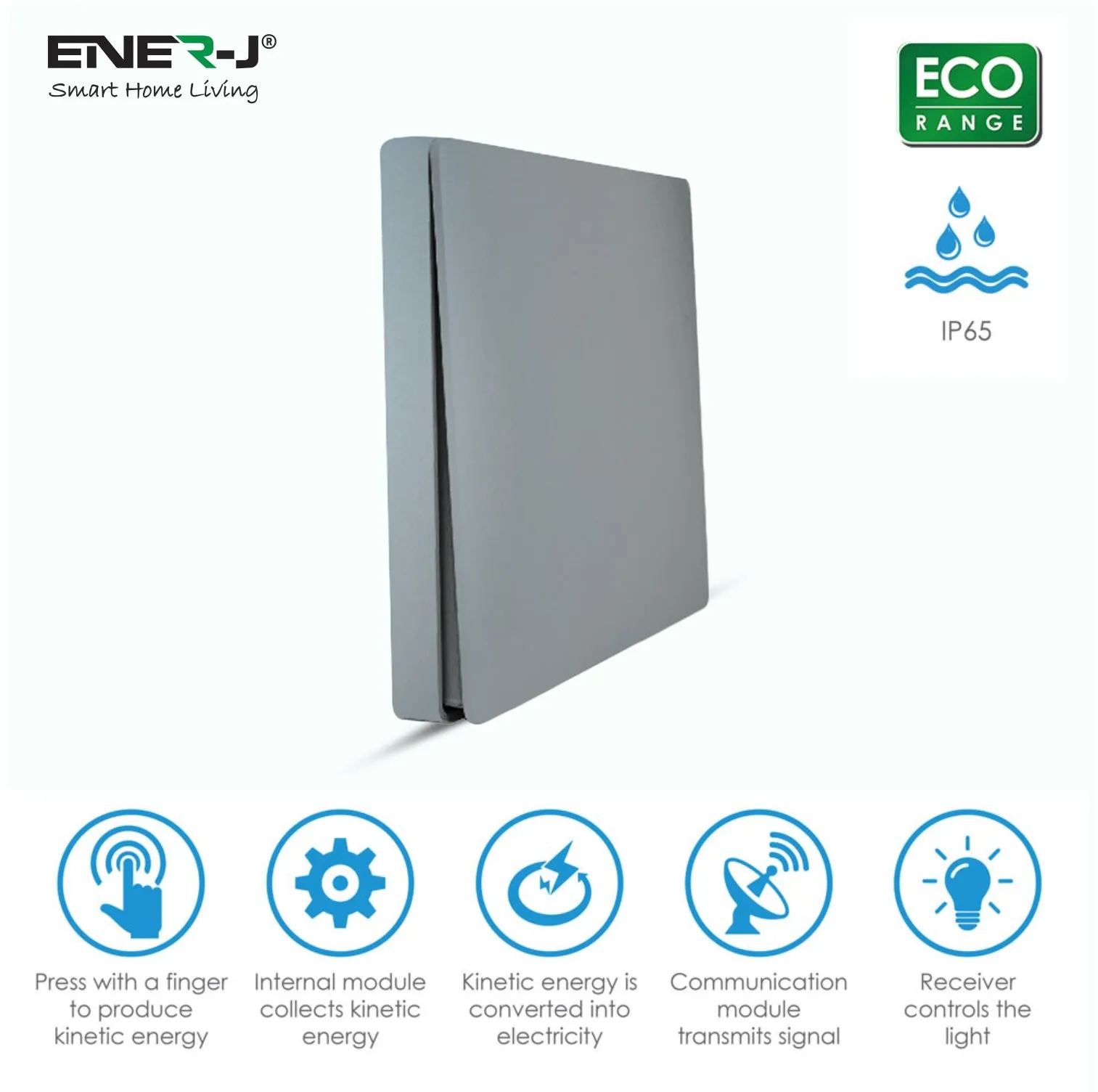 ENER-J 1 Gang Wireless Kinetic Switch, Silver   500W RF Receiver