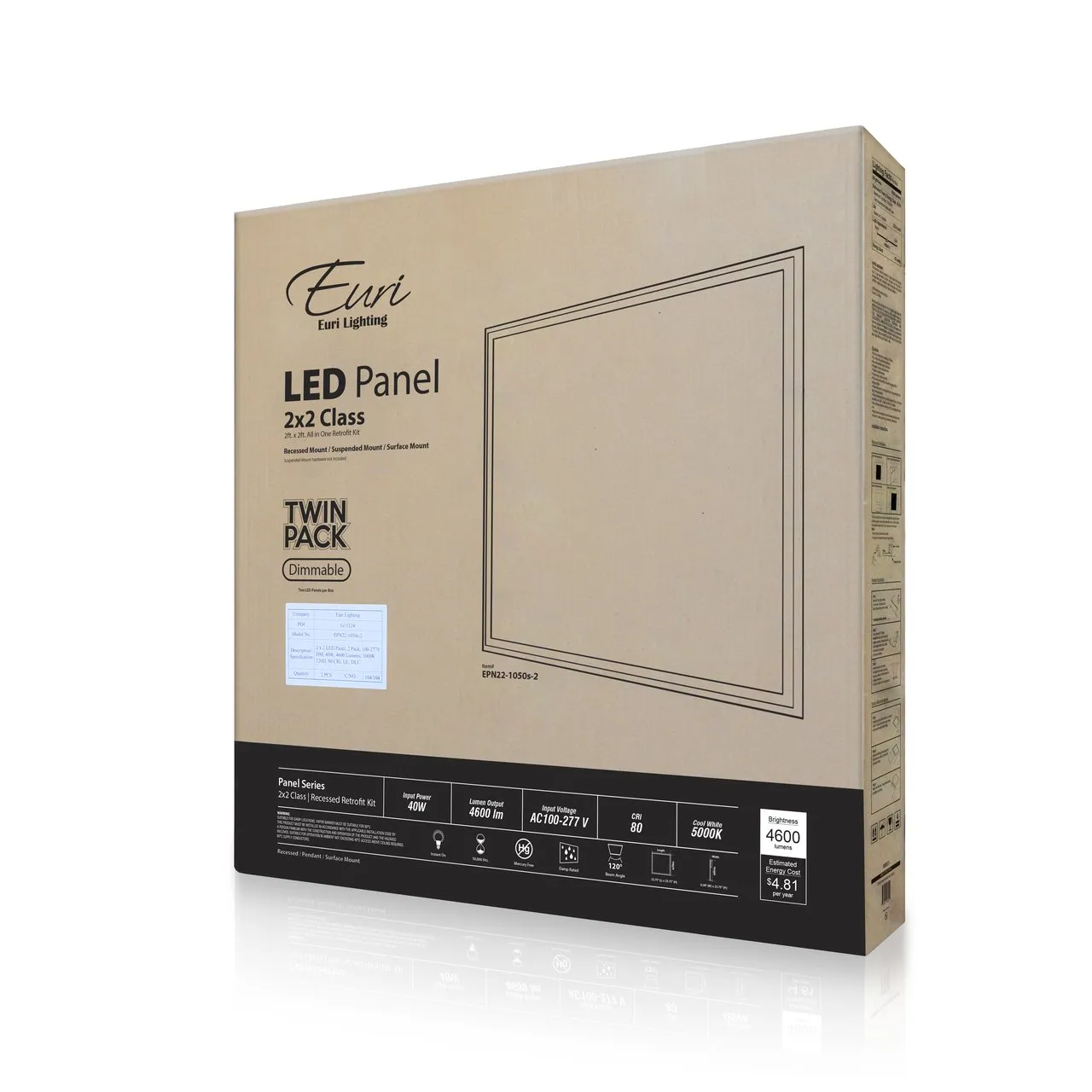 Euri Lighting 2x2 LED Flat Panel Light - 40W - 120-277V - 4600 lumens - 4000K - 0-10V - Dimmable - 2 Pack