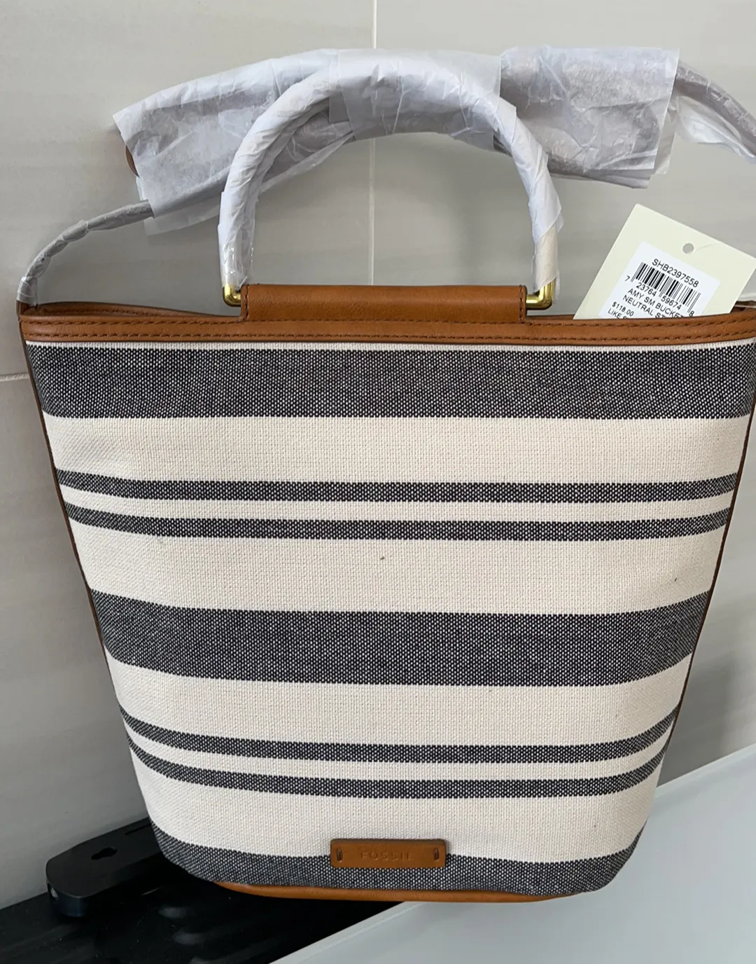 Fossil Amy Small Bucket Crossbody Neutral Stripe