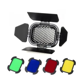 Godox BD-07 Barndoor with Detachable Honeycomb Grid and 4 Colour Gels for Witsro AD200