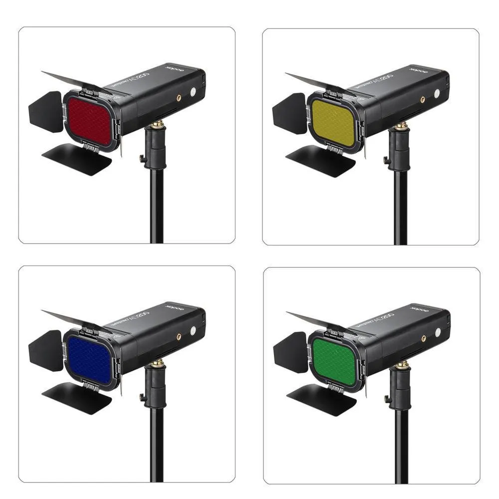 Godox BD-07 Barndoor with Detachable Honeycomb Grid and 4 Colour Gels for Witsro AD200