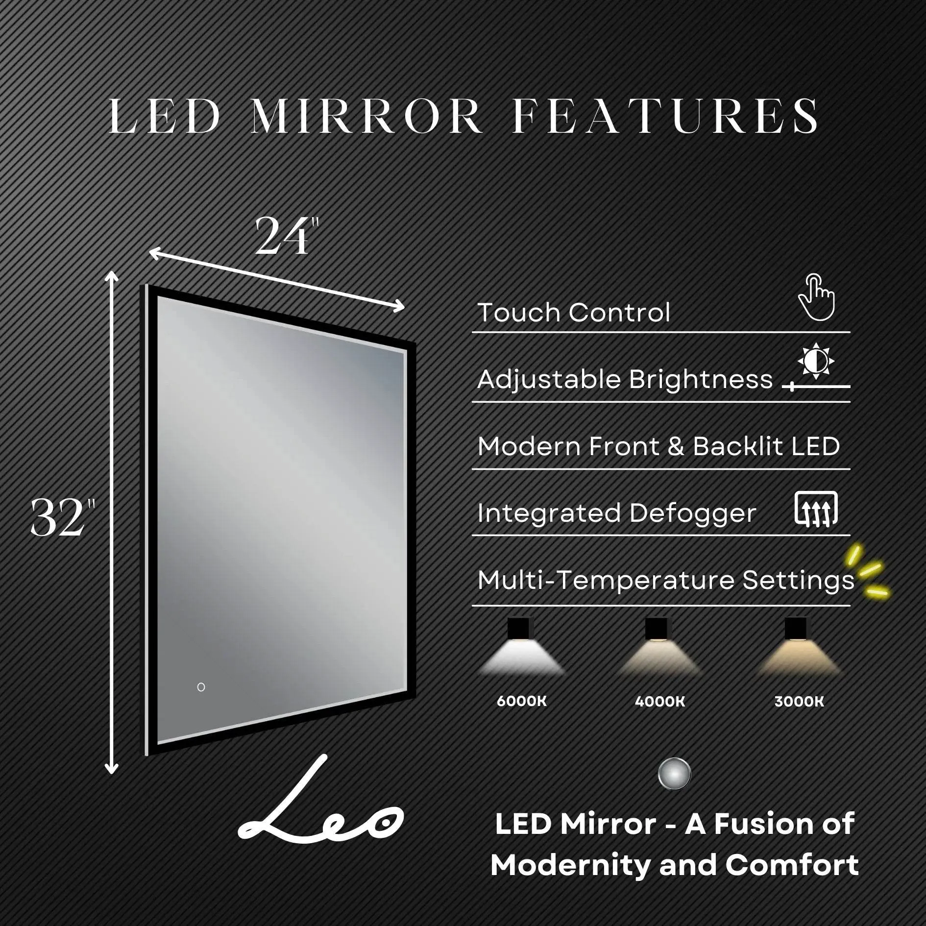LEO Front & Backlit LED Lighted Mirror with Dimmer & Defogger - Available in 2 Sizes