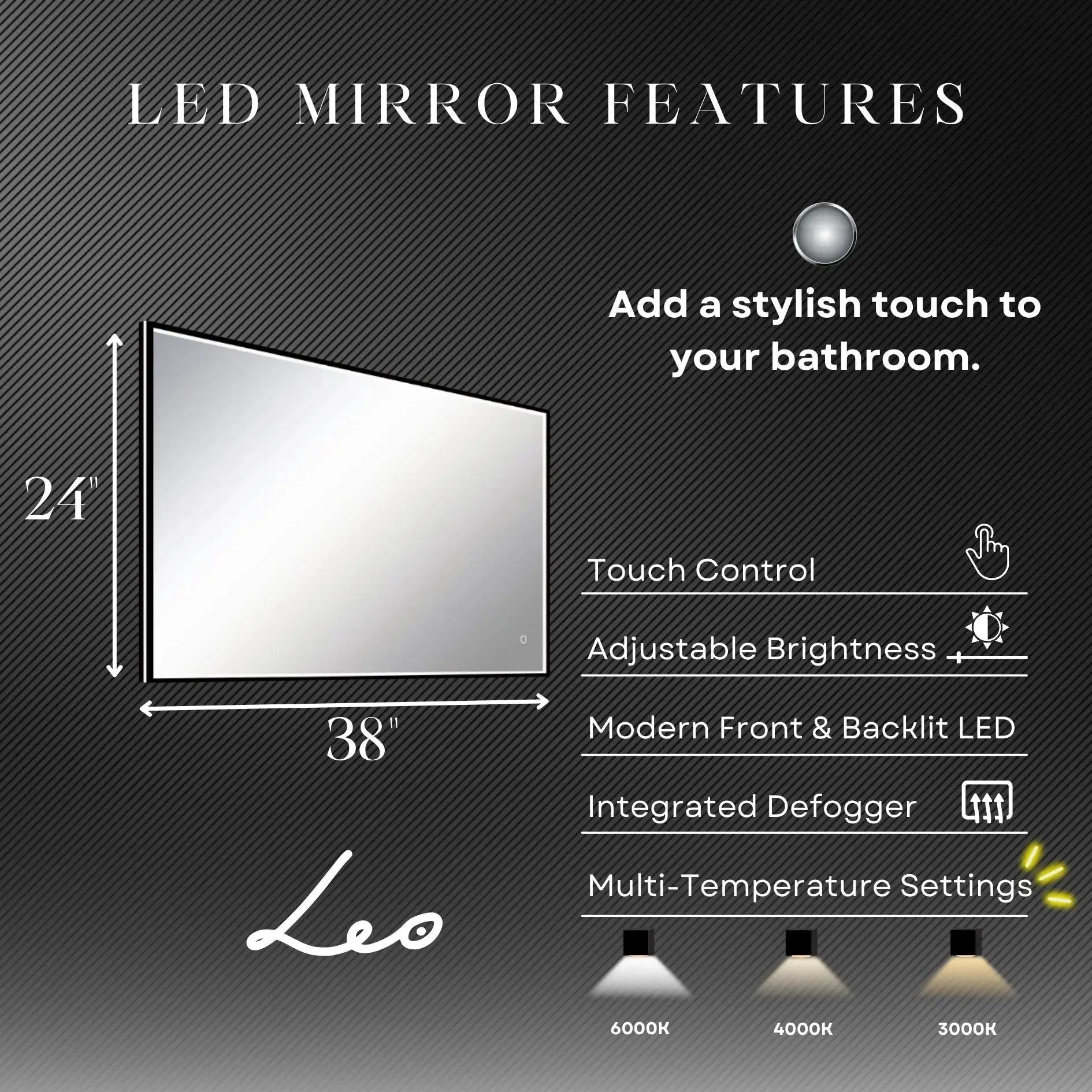 LEO Front & Backlit LED Lighted Mirror with Dimmer & Defogger - Available in 2 Sizes